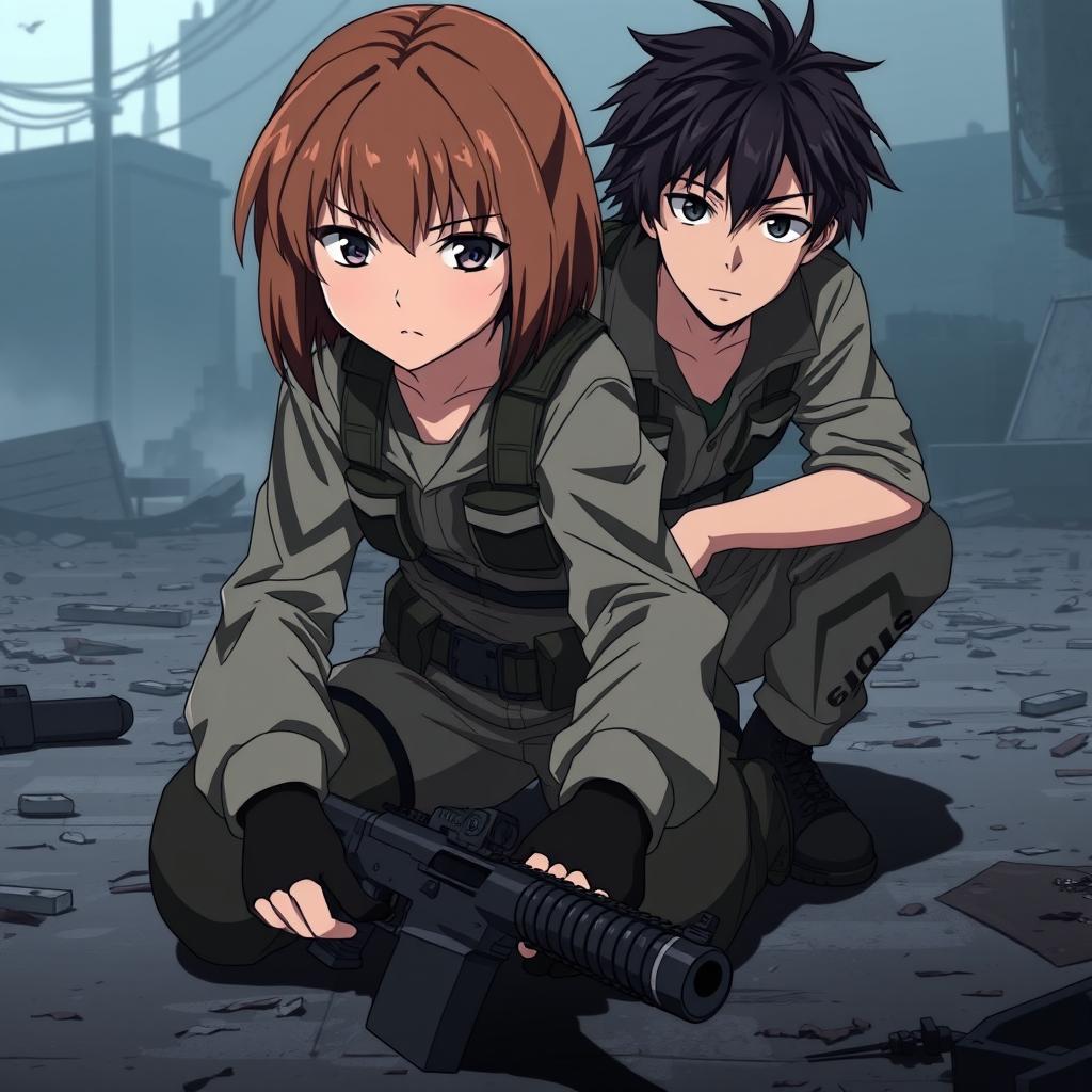 An intense anime scene depicting a teenage girl around 16 with shoulder-length brown hair, dressed in a tactical outfit, kneeling down to pick up a gun off the ground