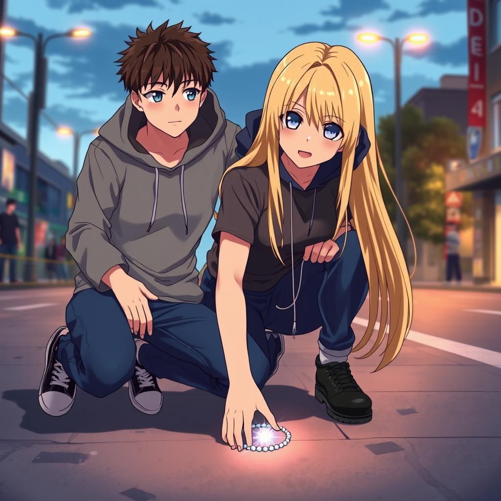 An anime scene showing a teenage girl around 16 with long blonde hair, wearing a casual outfit consisting of a fitted t-shirt and jeans, kneeling on the city streets as she picks up a sparkling necklace from the ground