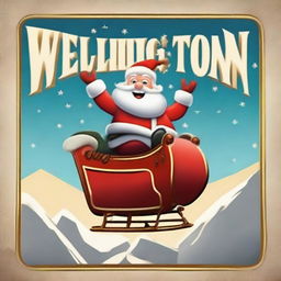 Santa Claus in his sleigh flying over a towering sign, reading 'Wellington', in a style reminiscent to the Hollywood sign, sporting a grand Santa hat on top.