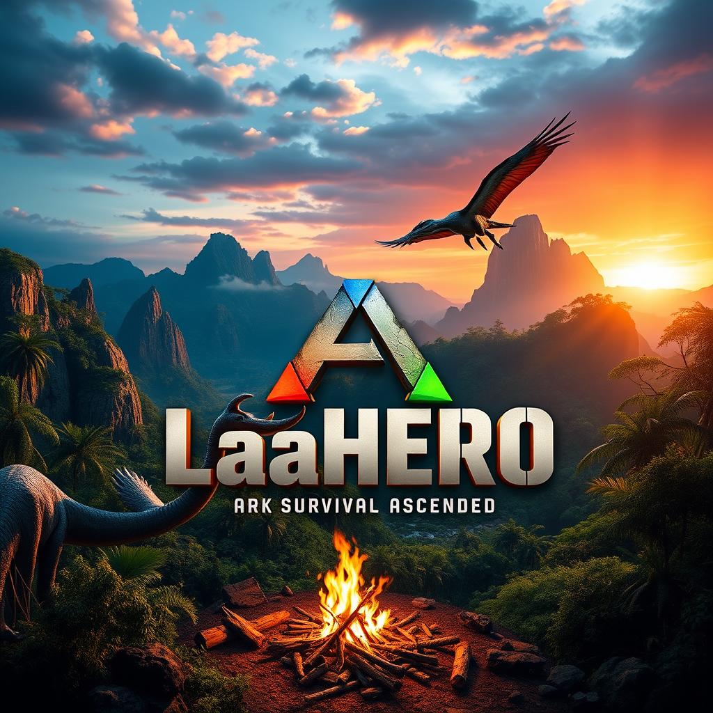 A stunning YouTube cover image for the gaming channel LaaHERO, showcasing the theme of survival games, particularly inspired by Ark Survival Ascended