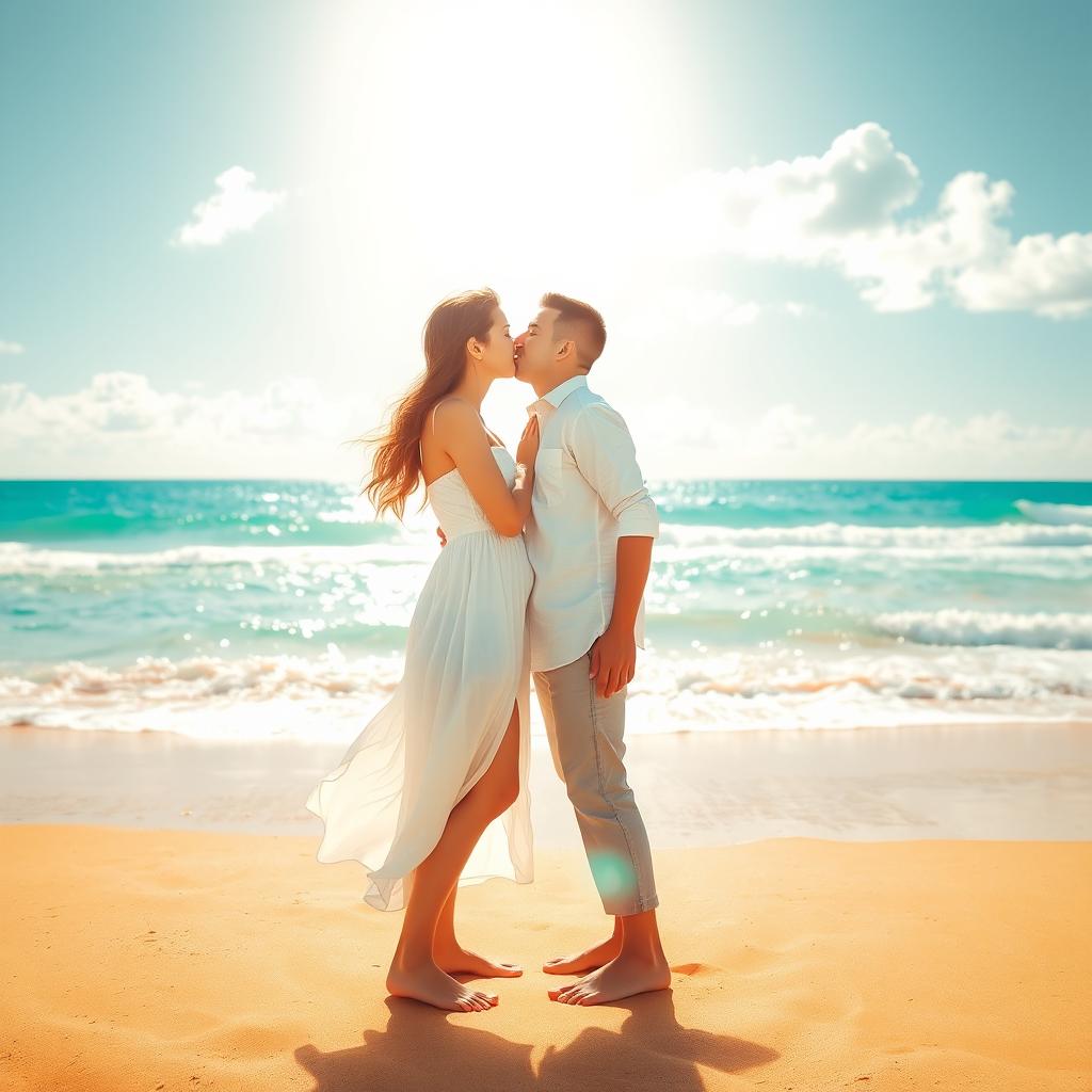 A romantic scene of young lovers sharing a passionate kiss on a sunlit beach