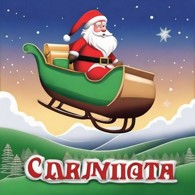 Santa Claus in his sleigh flying over a towering sign, reading 'Wellington', in a style reminiscent to the Hollywood sign, sporting a grand Santa hat on top.