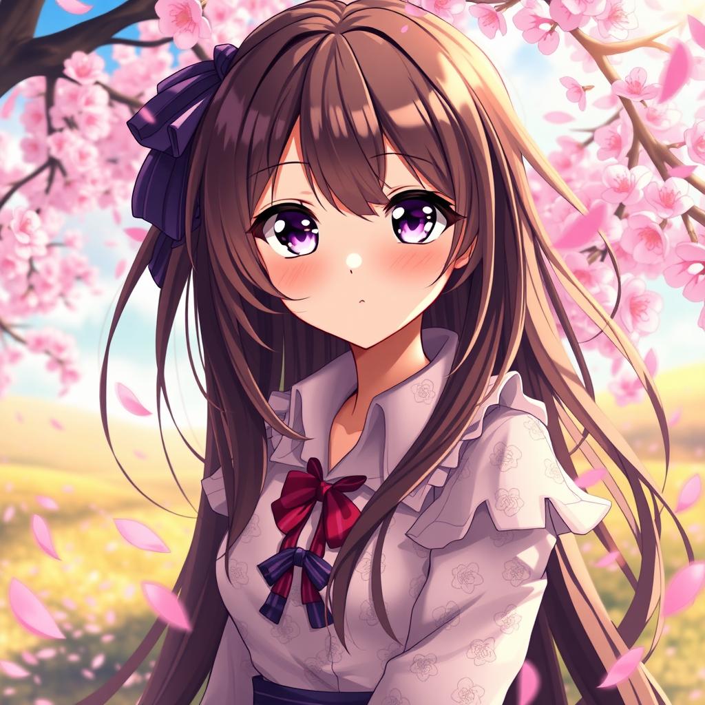 An enchanting anime girl with long, flowing brown hair and striking purple eyes