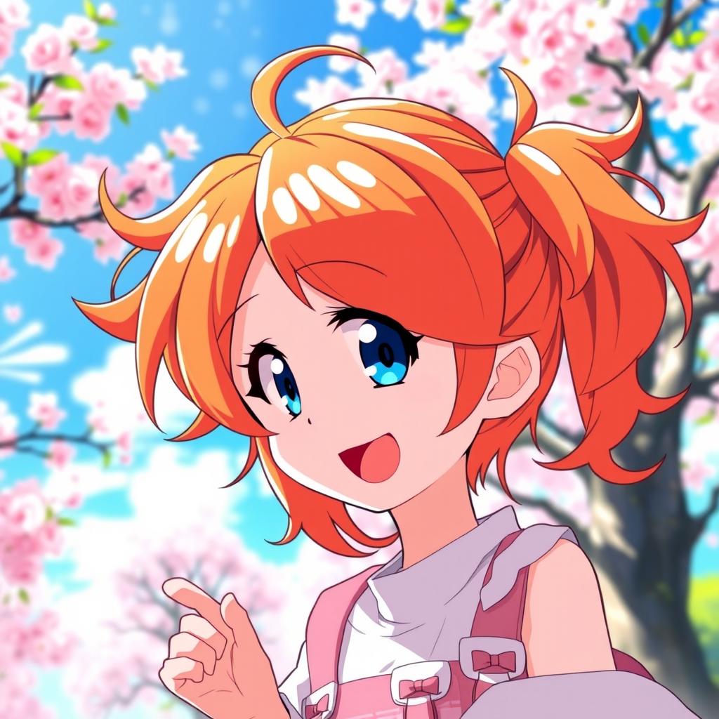 An anime girl with vibrant orange hair styled in a playful manner, large expressive blue eyes, a cheerful smile, and wearing a cute and fashionable outfit