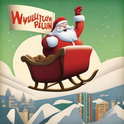 Santa Claus in his sleigh flying over a towering sign, reading 'Wellington', in a style reminiscent to the Hollywood sign, sporting a grand Santa hat on top.