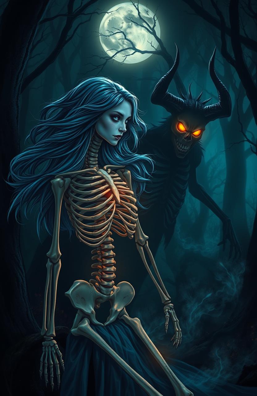 A captivating scene featuring a skeleton woman with flowing blue hair, her bones intricately detailed and glowing softly