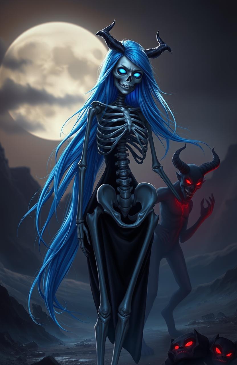 A striking image of a skeleton woman standing elegantly, with vivid blue hair cascading down her bony shoulders