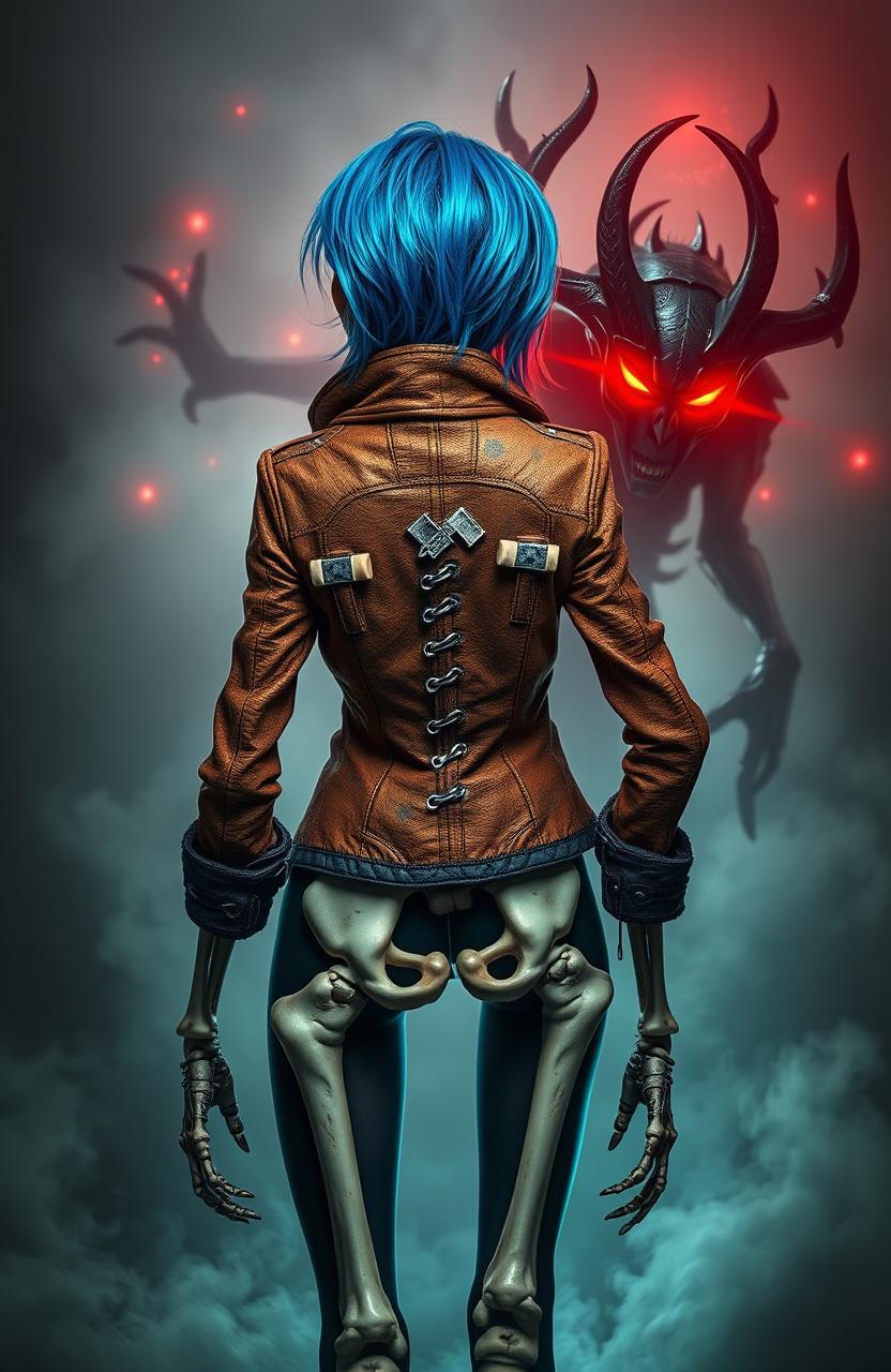 A striking image of a skeleton woman with vibrant blue hair, wearing a stylish, textured jacket adorned with two crossed hammers on the back