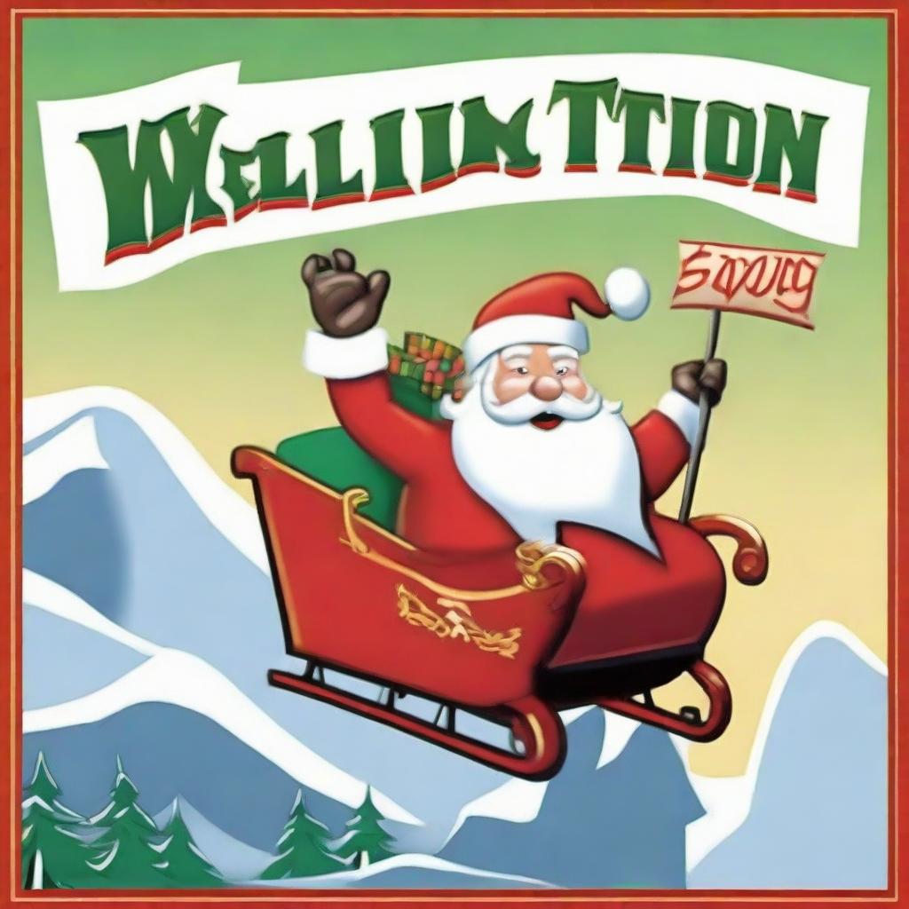 Santa Claus in his sleigh flying over a towering sign, reading 'Wellington', in a style reminiscent to the Hollywood sign, sporting a grand Santa hat on top.