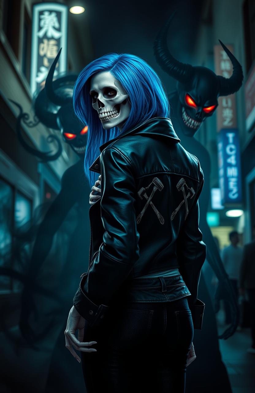 A striking skeleton woman with vibrant blue hair, wearing a stylish leather jacket adorned with two crossed hammers on the back, exuding an aura of power and mystery
