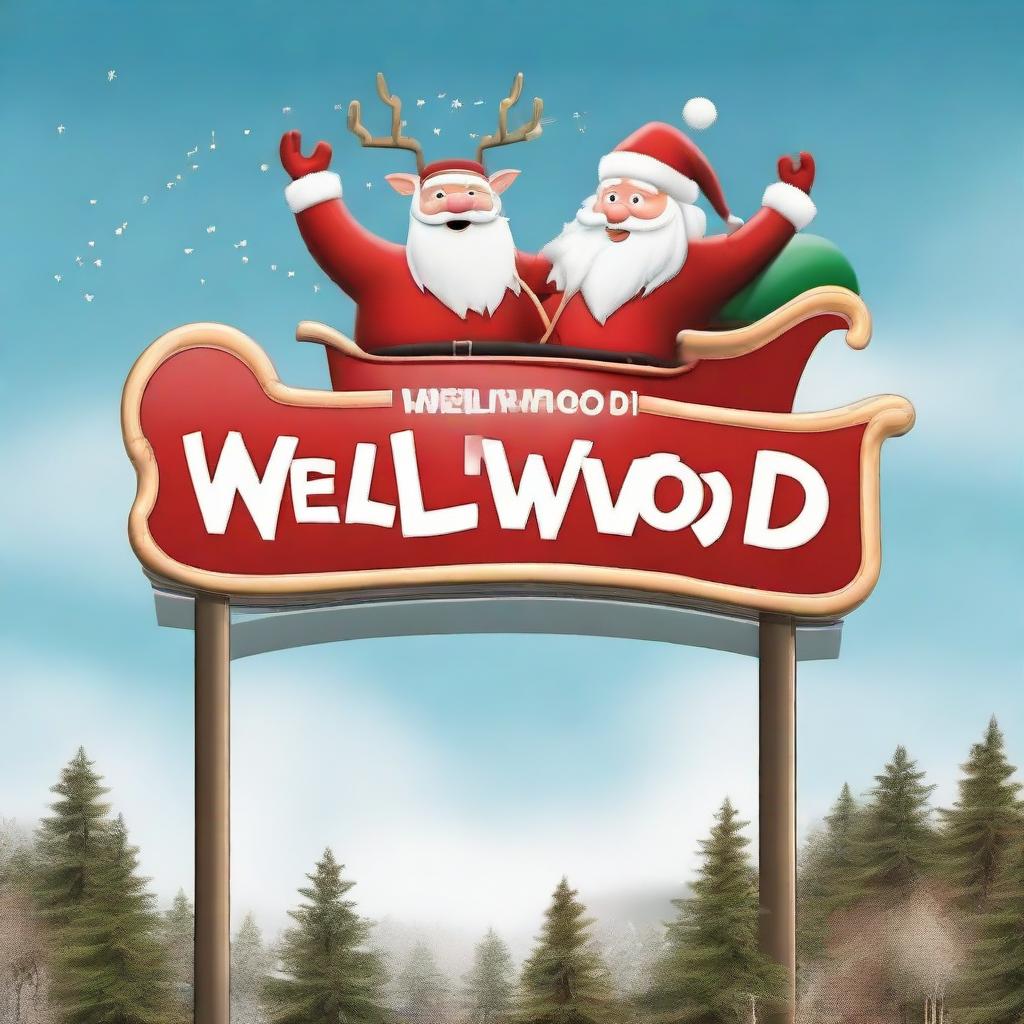 Santa Claus in his sleigh flying over a sign which says 'Wellywood', designed to mimic the Hollywood sign, with a large Santa hat positioned on top.