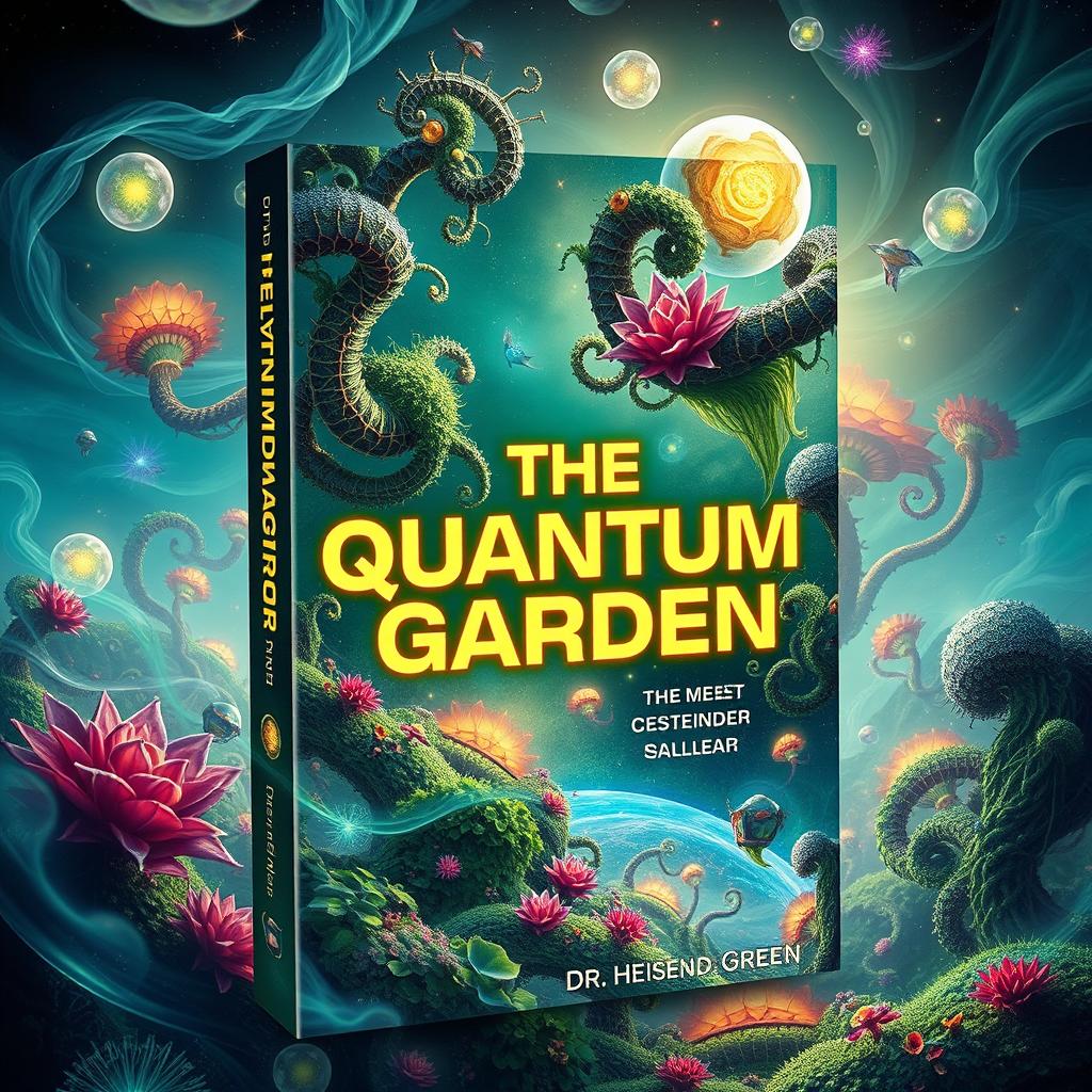 A captivating book cover design for 'The Quantum Garden' by Dr