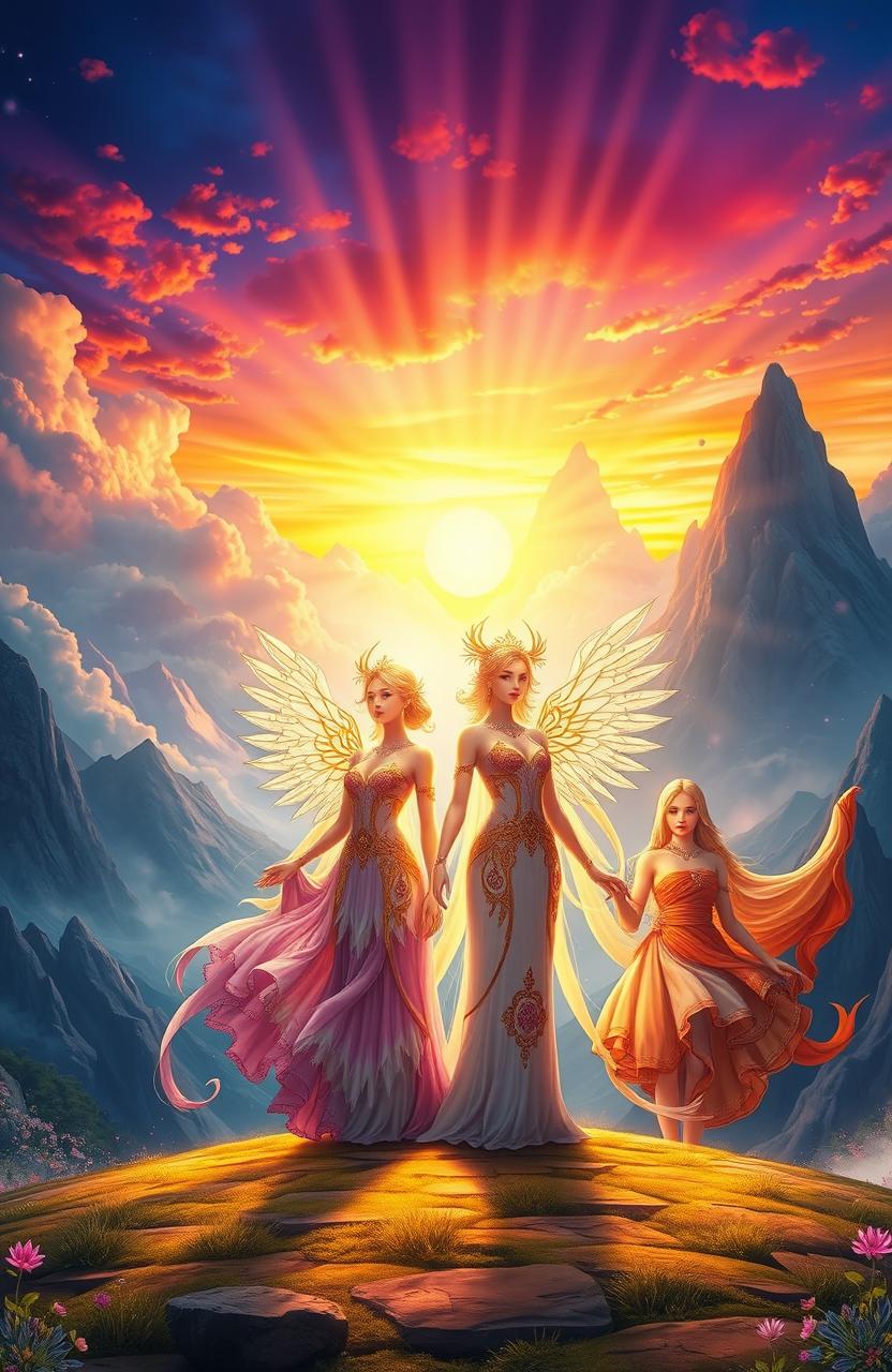A majestic fantasy scene depicting the Fourfold Dawn, where four ethereal guardians embody the essence of light