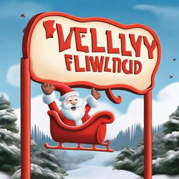 Santa Claus in his sleigh flying over a sign which says 'Wellywood', designed to mimic the Hollywood sign, with a large Santa hat positioned on top.