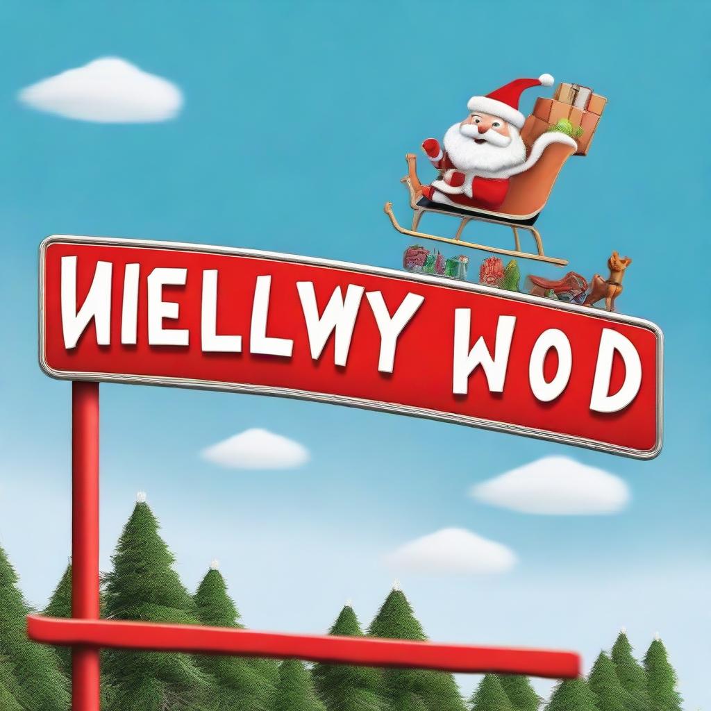 Santa Claus in his sleigh flying over a sign which says 'Wellywood', designed to mimic the Hollywood sign, with a large Santa hat positioned on top.