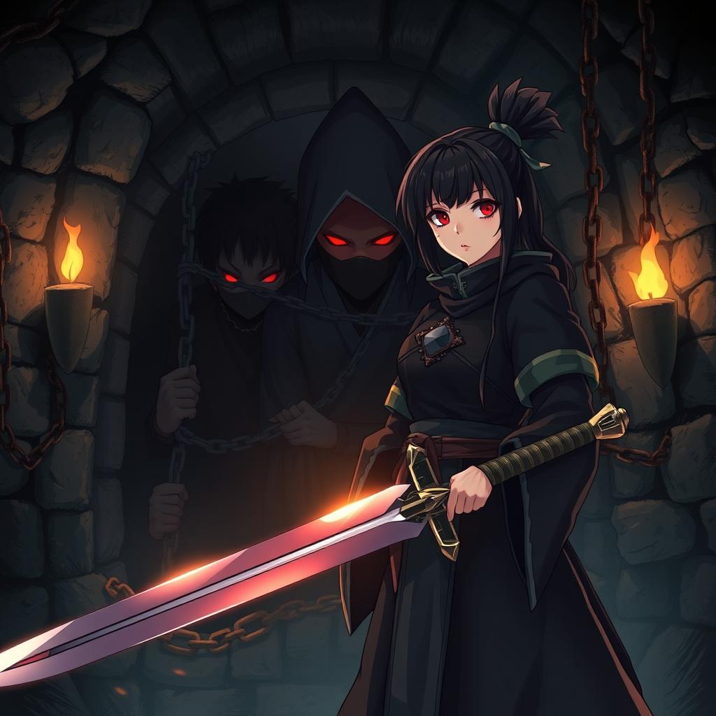 A dark fantasy scene in anime style featuring Kazuki, a ninja with striking red eyes, chained inside a gloomy dungeon