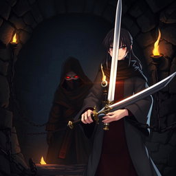 A dark fantasy scene in anime style featuring Kazuki, a ninja with striking red eyes, chained inside a gloomy dungeon
