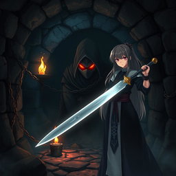A dark fantasy scene in anime style featuring Kazuki, a ninja with striking red eyes, chained inside a gloomy dungeon