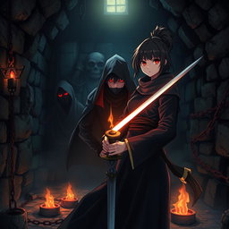 A dark fantasy scene in anime style featuring Kazuki, a ninja with striking red eyes, chained inside a gloomy dungeon