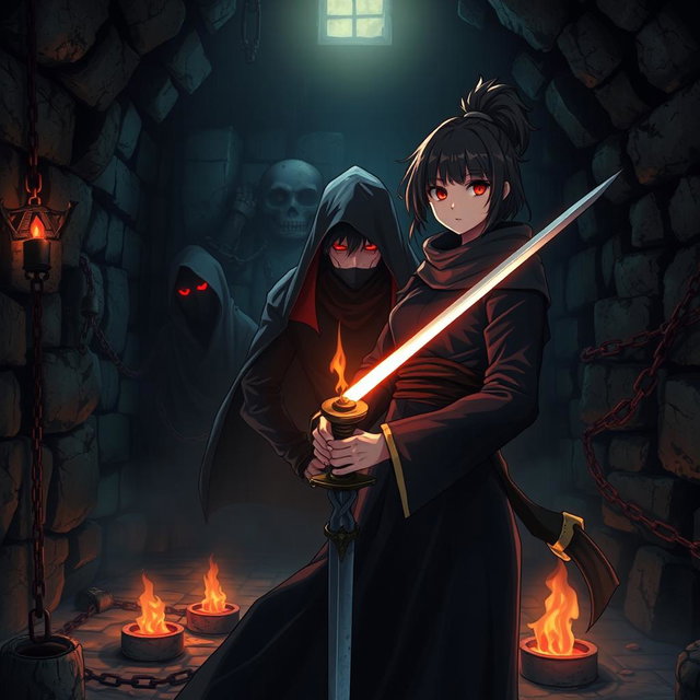 A dark fantasy scene in anime style featuring Kazuki, a ninja with striking red eyes, chained inside a gloomy dungeon