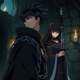 A side view of a chained ninja named Kazuki, captured in a dark and mysterious dungeon