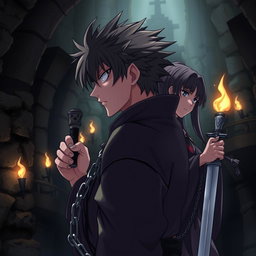 A side view of a chained ninja named Kazuki, captured in a dark and mysterious dungeon