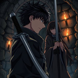 A side view of a chained ninja named Kazuki, captured in a dark and mysterious dungeon