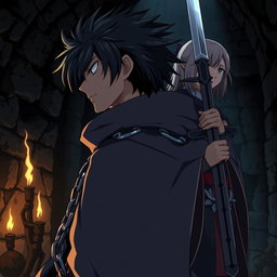 A side view of a chained ninja named Kazuki, captured in a dark and mysterious dungeon