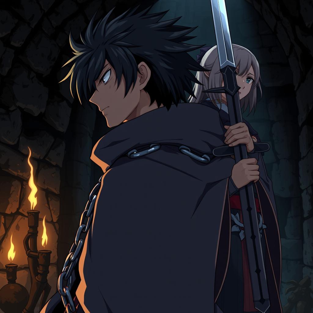 A side view of a chained ninja named Kazuki, captured in a dark and mysterious dungeon