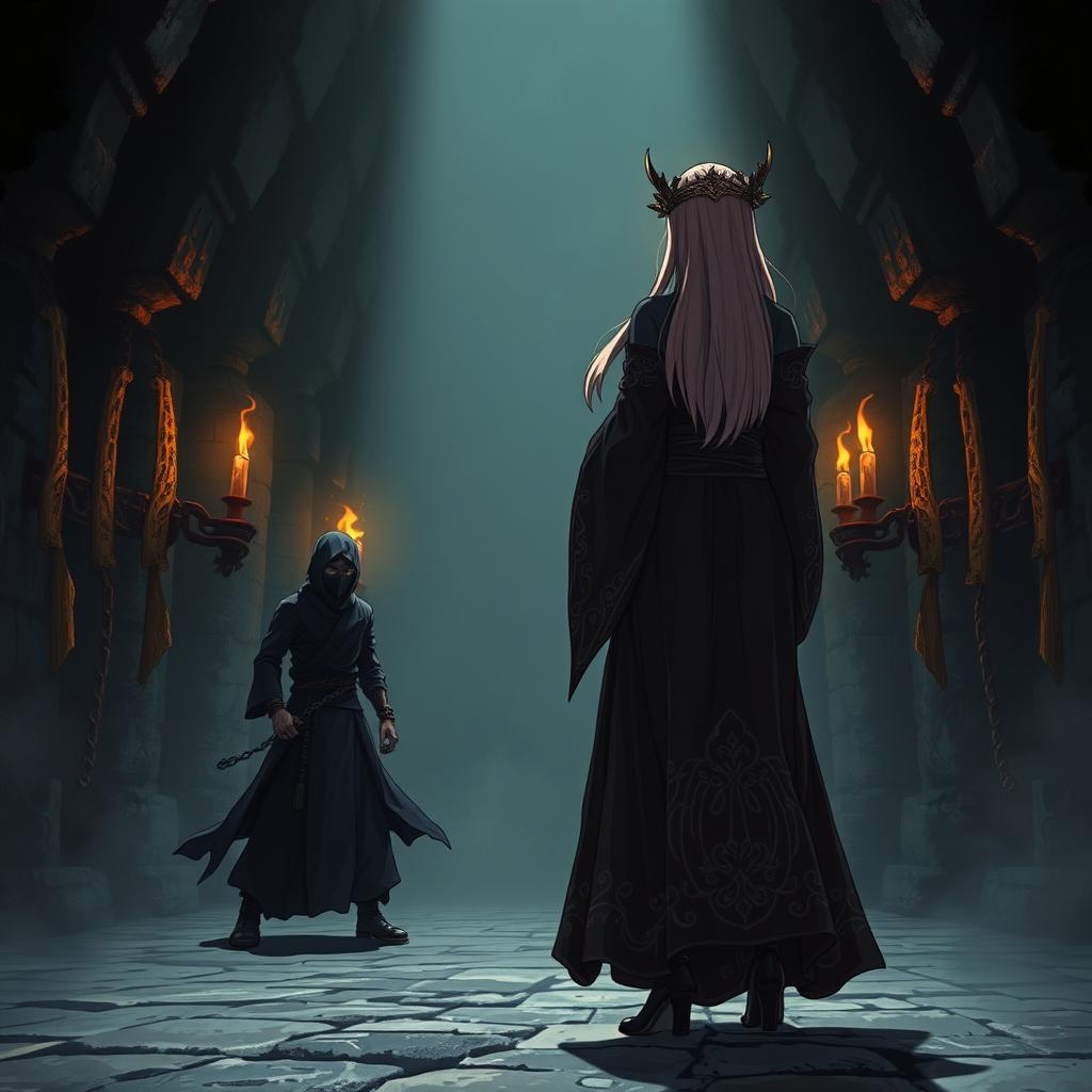 A back view of a priestess dressed in flowing, ornate robes, standing confidently in a dark dungeon