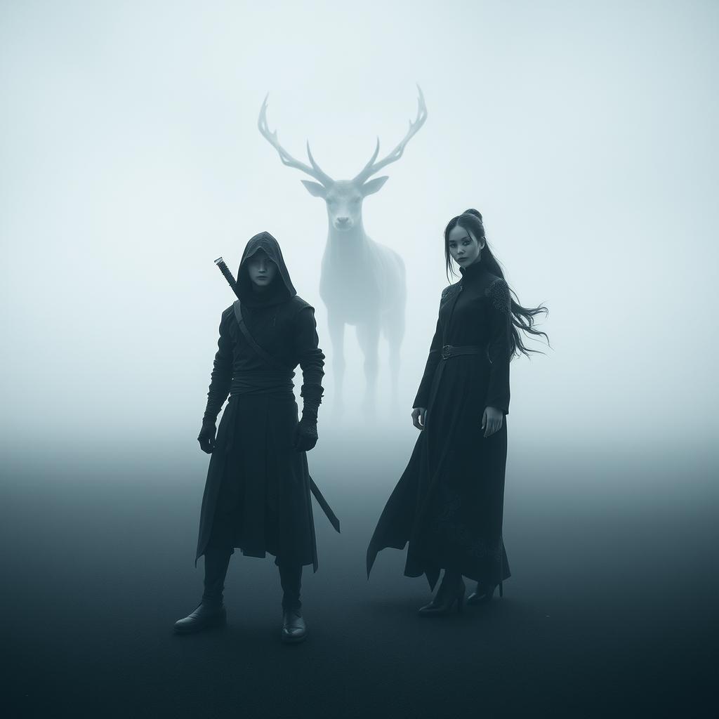 A dark fantasy scene featuring a ninja named Kazuki and a mystical priestess named Rin standing on a black sand beach