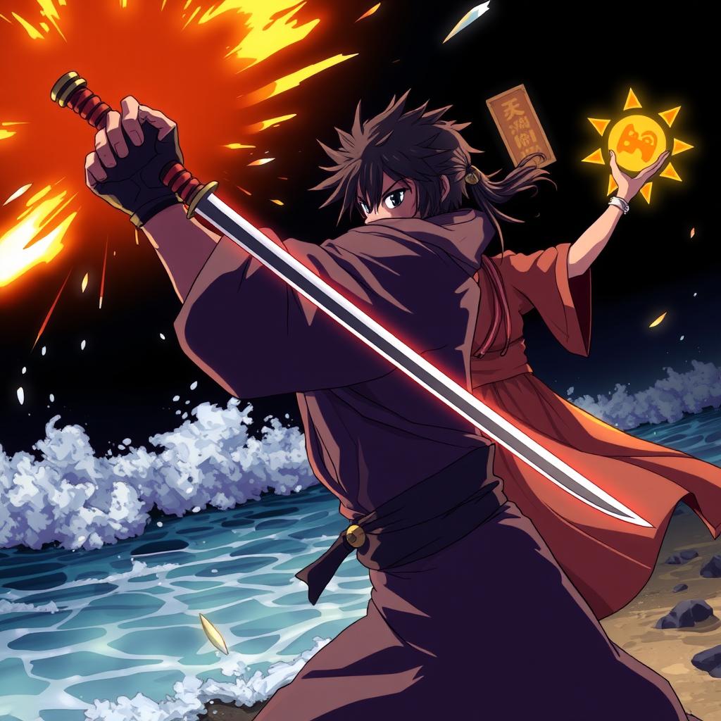 A dynamic scene of a ninja named Kazuki in a side view, holding a sword in a ready position to engage in combat