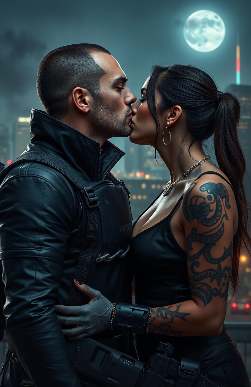 A dramatic scene where two skilled assassins, dressed in sleek, dark tactical gear, share a passionate kiss amidst a backdrop of a city skyline lit by the glow of moonlight