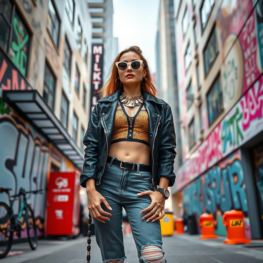 A stunning vertical composition featuring a fashionable female model posing confidently in a stylish urban outfit, surrounded by vibrant city elements like street art, modern buildings, and colorful graffiti