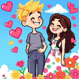 Pixel art of a cute couple, featuring a blonde boy and a brunette girl standing together