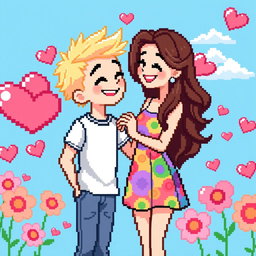 Pixel art of a cute couple, featuring a blonde boy and a brunette girl standing together