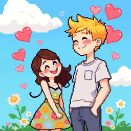 Pixel art of a cute couple, featuring a blonde boy and a brunette girl standing together