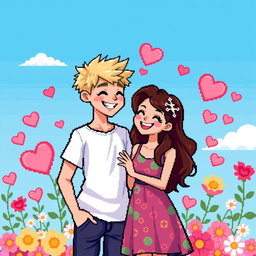 Pixel art of a cute couple, featuring a blonde boy and a brunette girl standing together