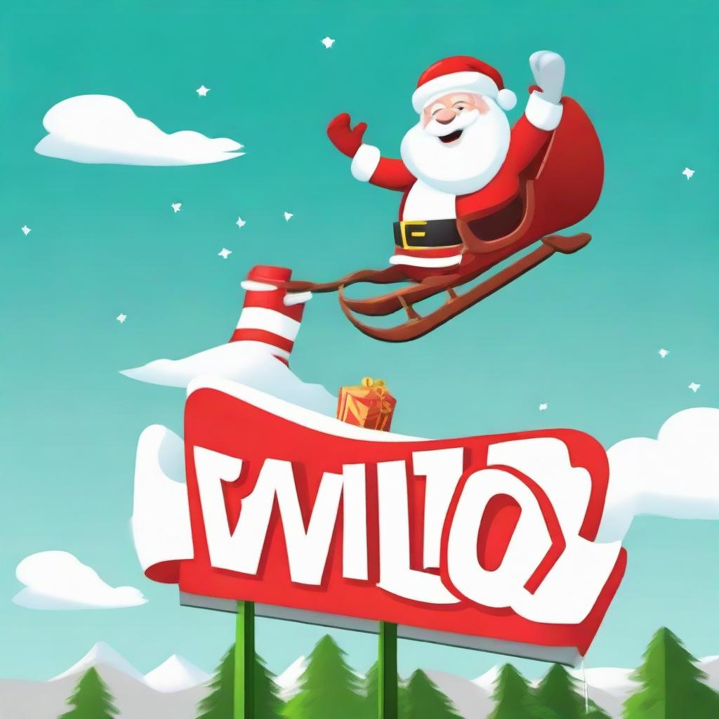 Santa Claus in his sleigh soaring over a sign that boldly says 'Welly', styled in the manner of the Hollywood sign, with a large Santa hat neatly set atop it.