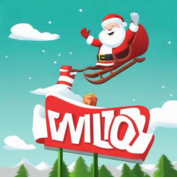 Santa Claus in his sleigh soaring over a sign that boldly says 'Welly', styled in the manner of the Hollywood sign, with a large Santa hat neatly set atop it.