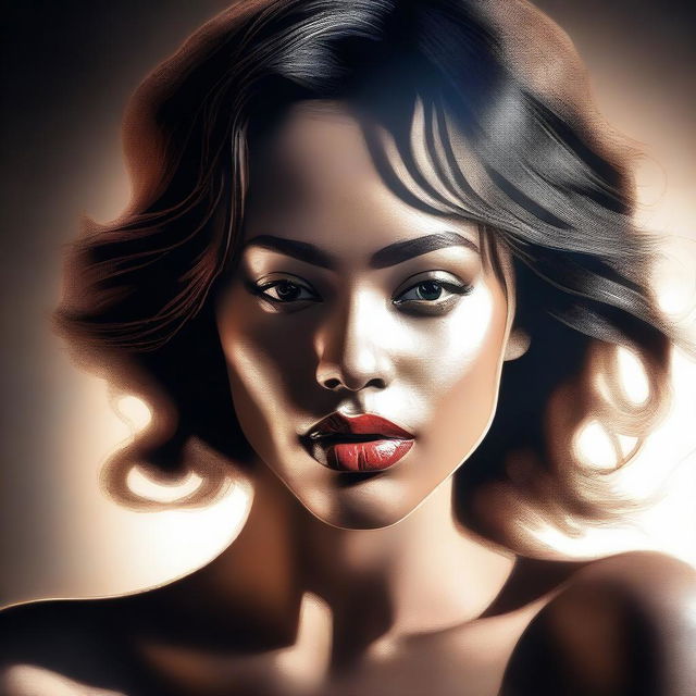 A digital art piece portraying a seductive woman biting her lip