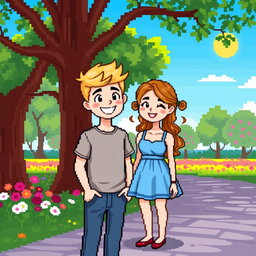 A charming pixel art illustration of a couple, featuring a blonde boy and a brunette girl