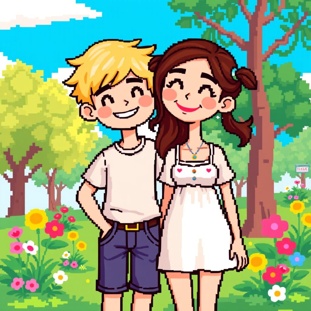 A charming pixel art illustration of a couple, featuring a blonde boy and a brunette girl