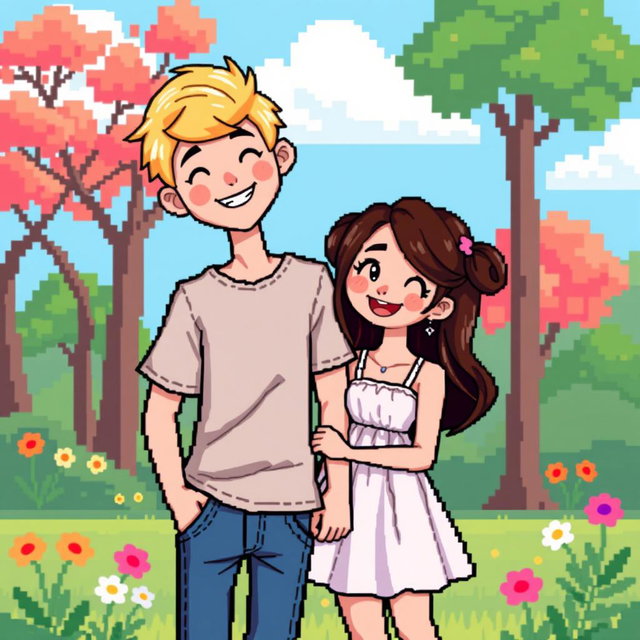 A charming pixel art illustration of a couple, featuring a blonde boy and a brunette girl