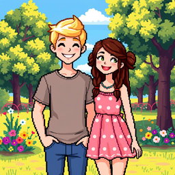 A charming pixel art illustration of a couple, featuring a blonde boy and a brunette girl