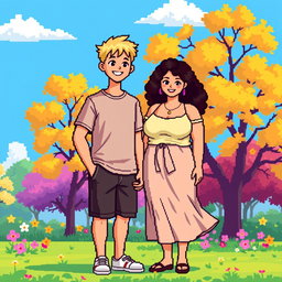 A delightful pixel art illustration of a couple, featuring a tall blonde boy and a plus-size brunette girl