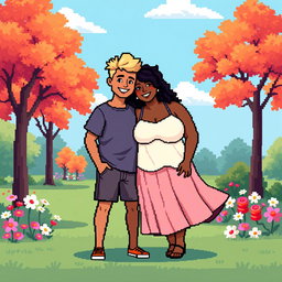 A delightful pixel art illustration of a couple, featuring a tall blonde boy and a plus-size brunette girl