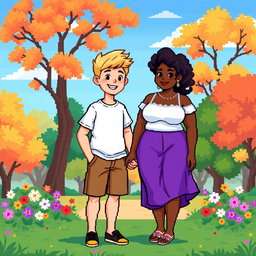 A delightful pixel art illustration of a couple, featuring a tall blonde boy and a plus-size brunette girl