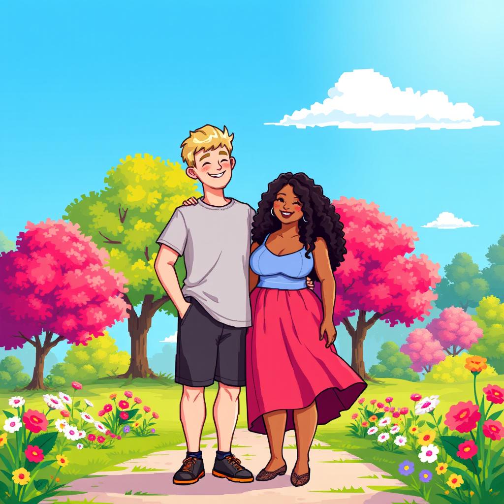 A delightful pixel art illustration of a couple, featuring a tall blonde boy and a plus-size brunette girl