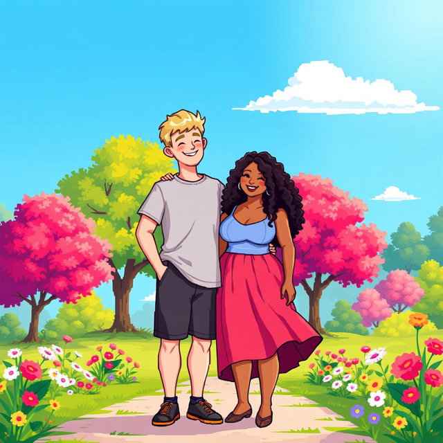 A delightful pixel art illustration of a couple, featuring a tall blonde boy and a plus-size brunette girl